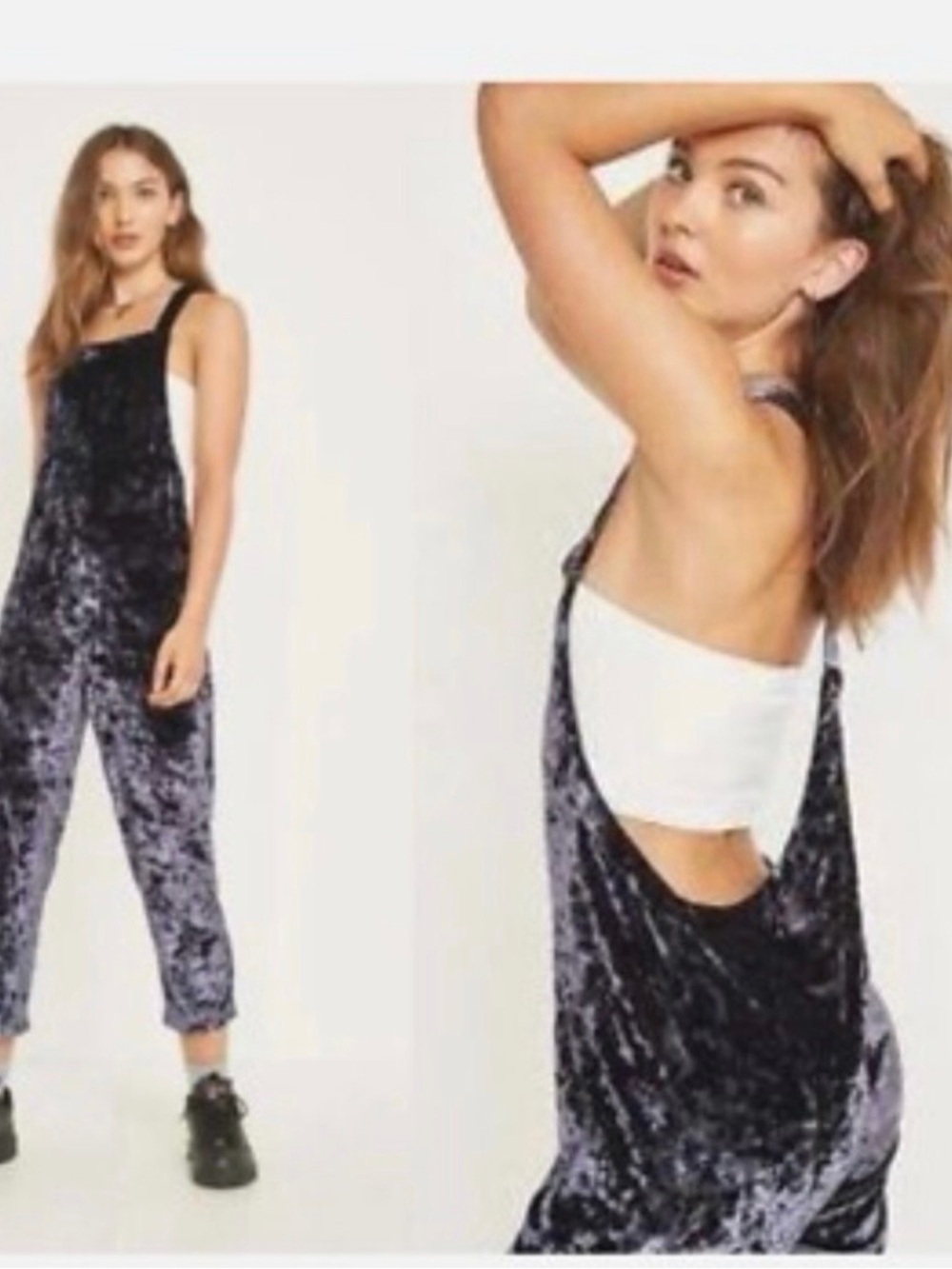 ⚡️Urban Outfitters Crushed Velvet Cropped Overalls Jumpsuit in Charcoal Gray